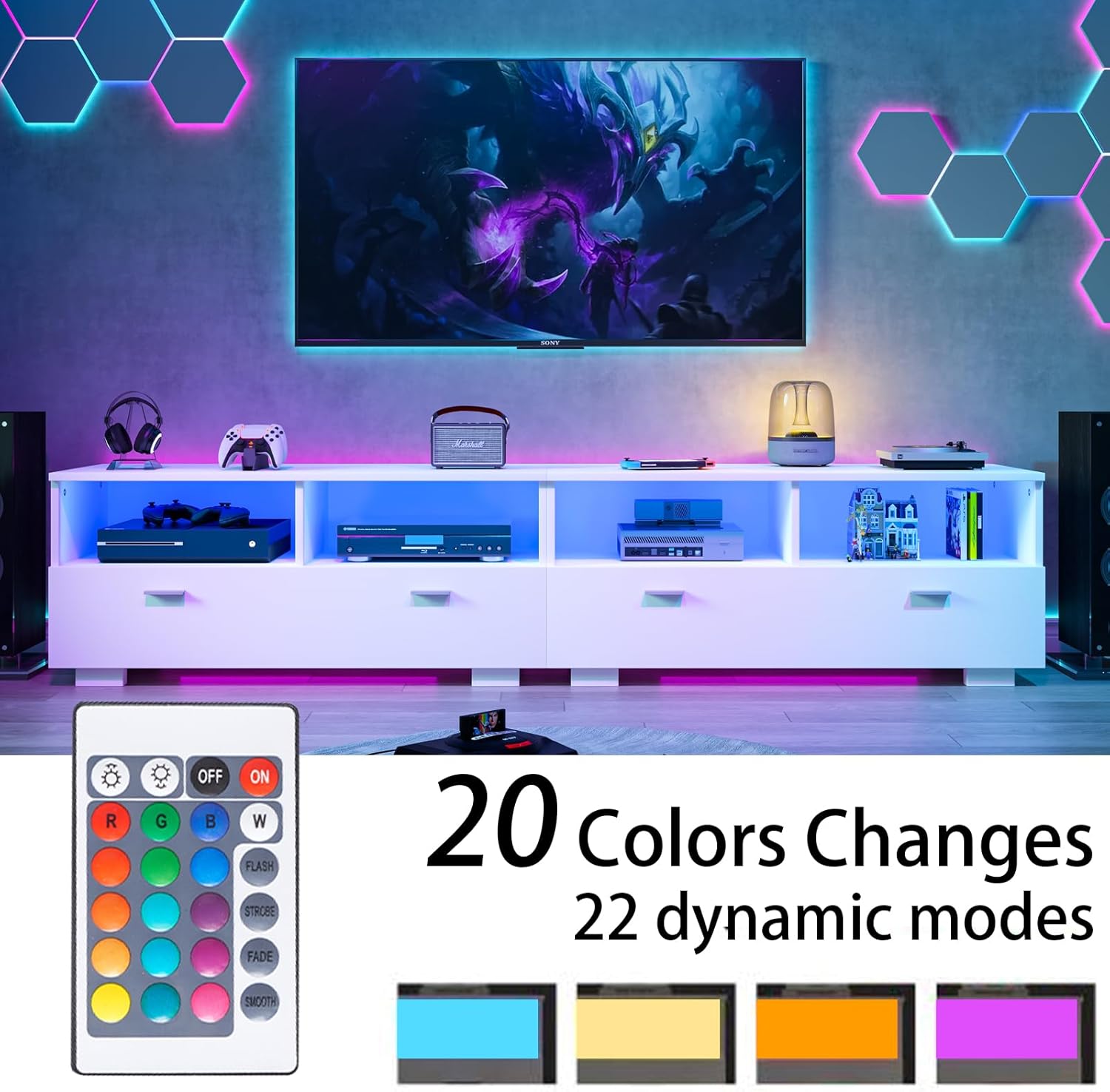 4 EVER WINNER TV Stand for 75+ Inch TV, LED TV Stands for Living Room with Storage Entertainment Center, Modern TV Console Table with Drawers for Bedroom, White