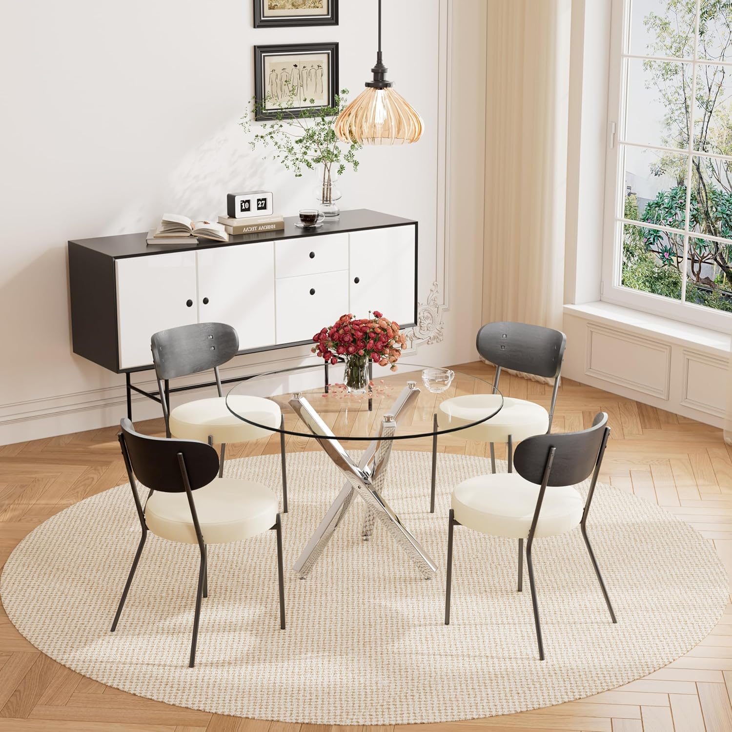 RGZ Round Glass Dining Table Set for 4, Mid Century Modern Circle Dining Room Table Set, 40'' Small Circular Glass Top Dining Set,5 Pcs Kitchen Table Set with Beige PU Faux Leather Chairs (Silver)