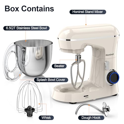 Honinst Stand Mixer, 6.5QT 10-Speed 660W Tilt-Head Electric Stand Mixer, 3-In-1 Kitchen Mixer with Bowl, Dough Hook, Whisk and Beater, Food Mixer for Baking, Cake and Most Home Cooks