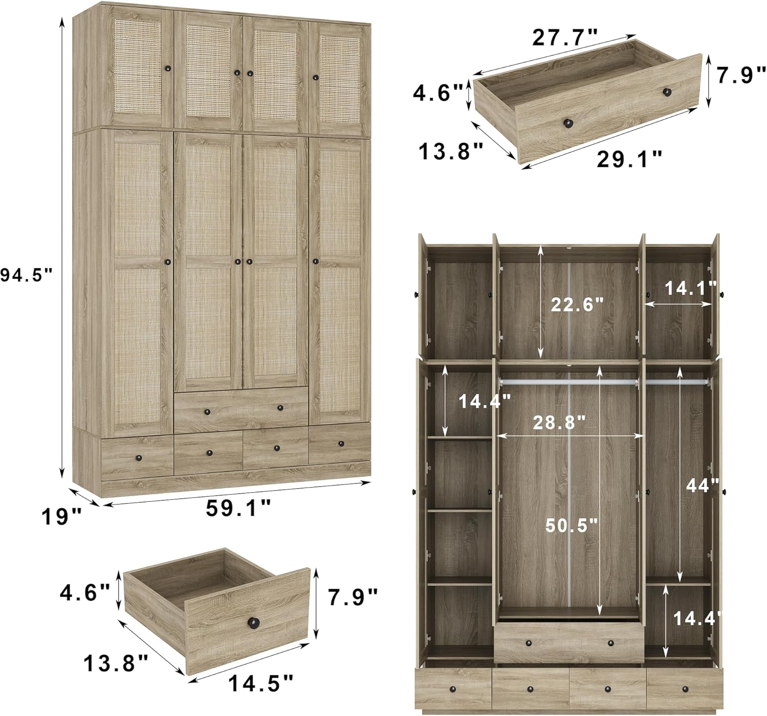 Homsee 8 Door Wardrobe Armoire Closet, Bedroom Cabinet Armoire with Rattan Doors, 5 Drawers, 2 Hanging Bars, Top Cabinets & Shelves, Light Brown