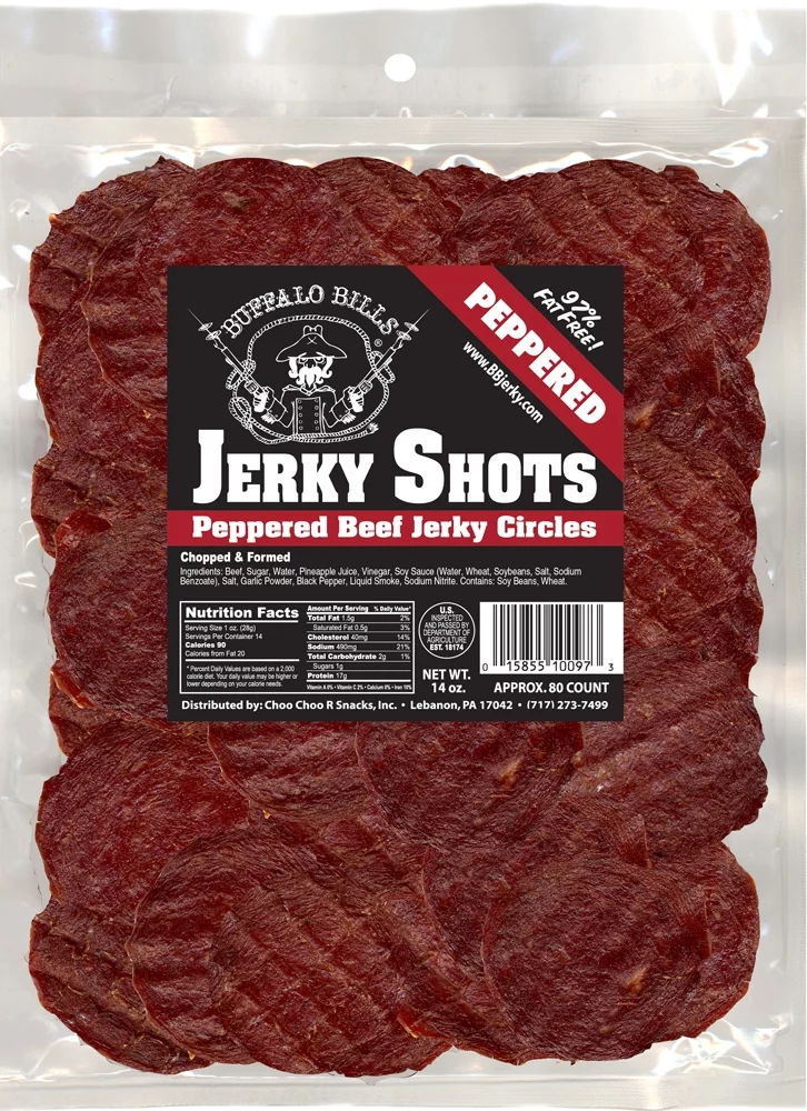 Buffalo Bills 14oz Peppered Beef Jerky Shots (80 black pepper jerky circles per bag)