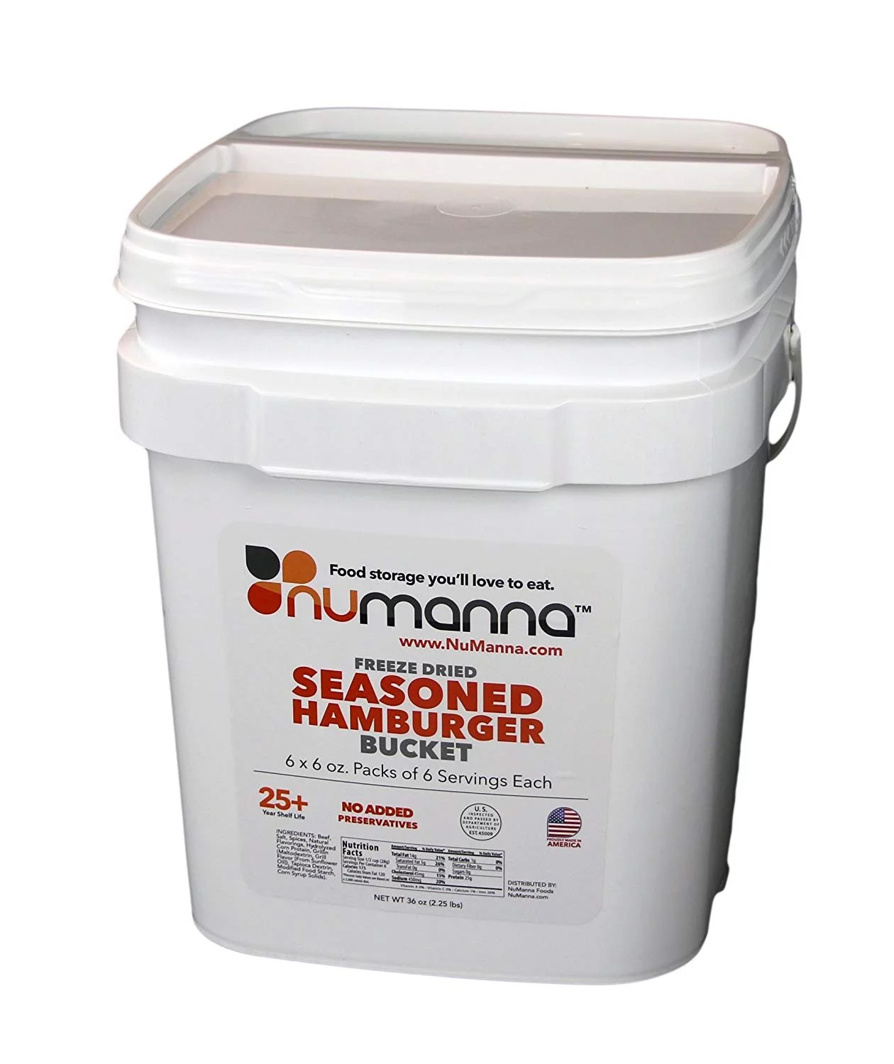 NuManna Seasoned Ground Beef Hamburger Bucket 36 Meals - Emergency Survival Food Storage Kit, Separate Rations, in a Bucket, 25 Plus Year Shelf Life, GMO-Free