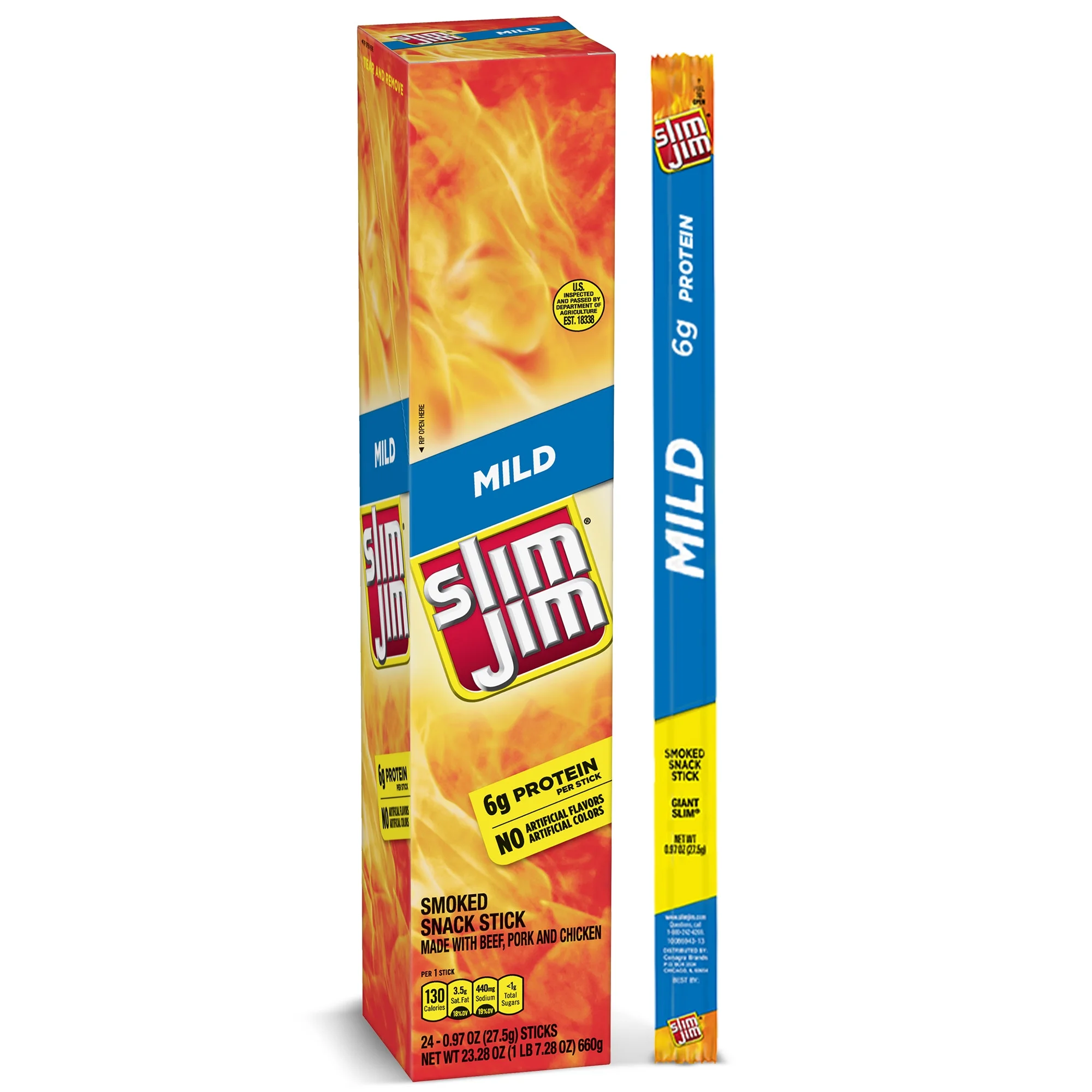 Slim Jim Mild Giant Smoked Snack Sticks, Keto Friendly Smoked Meat Stick, 0.97 Oz, 24 Ct
