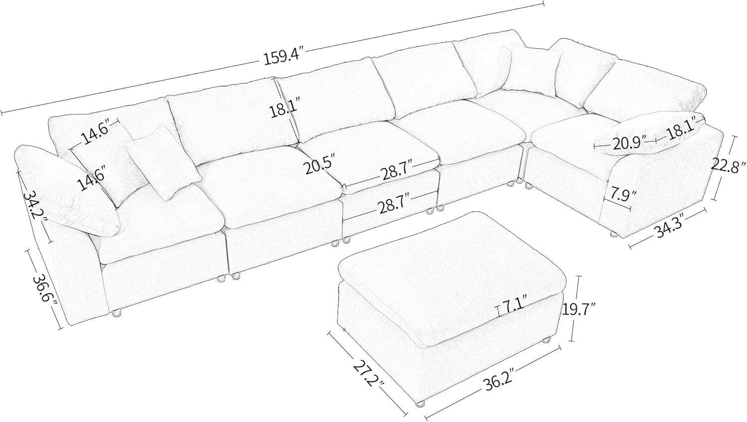 Deep Seat Convertible Modular Sectional Sofa with Movable Ottoman, L/U Shaped Oversized Corner Couch with Throw Pillows,7 Seater Polyester Upholstery Sofa&Couches for Living Room Furniture