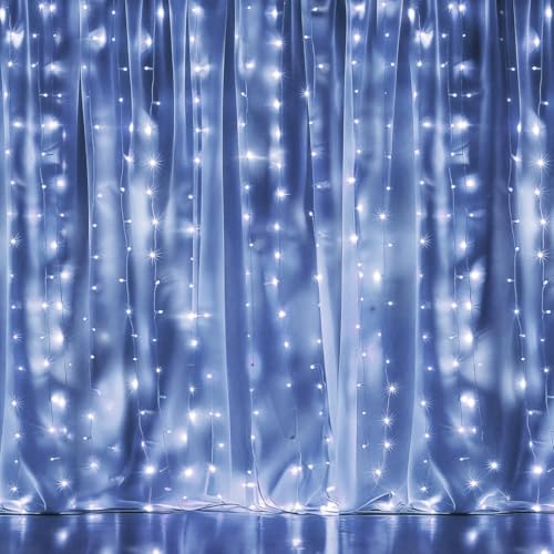 Dazzle Bright 300 LED Curtain Lights, Plug in Fairy Curtain Lights for Bedroom, Christmas Hanging String Lights Outdoor for Window Backdrop Wall Wedding Patio Indoor Dorm Party Decor, Warm White