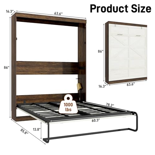 Queen Size Murphy Bed with 2 LED Lights, Farmhouse Wood Hidden Foldable Wall Bed Frame w/Gas Struts, Storage Bed Cabinet for Bedroom, Office, Space-Saving, No Box Spring Needed, Rustic White