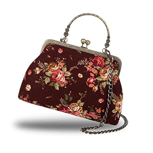 Floral Top-Handle Handbag, Kiss Lock Evening Bag for Women, Vintage Handbag