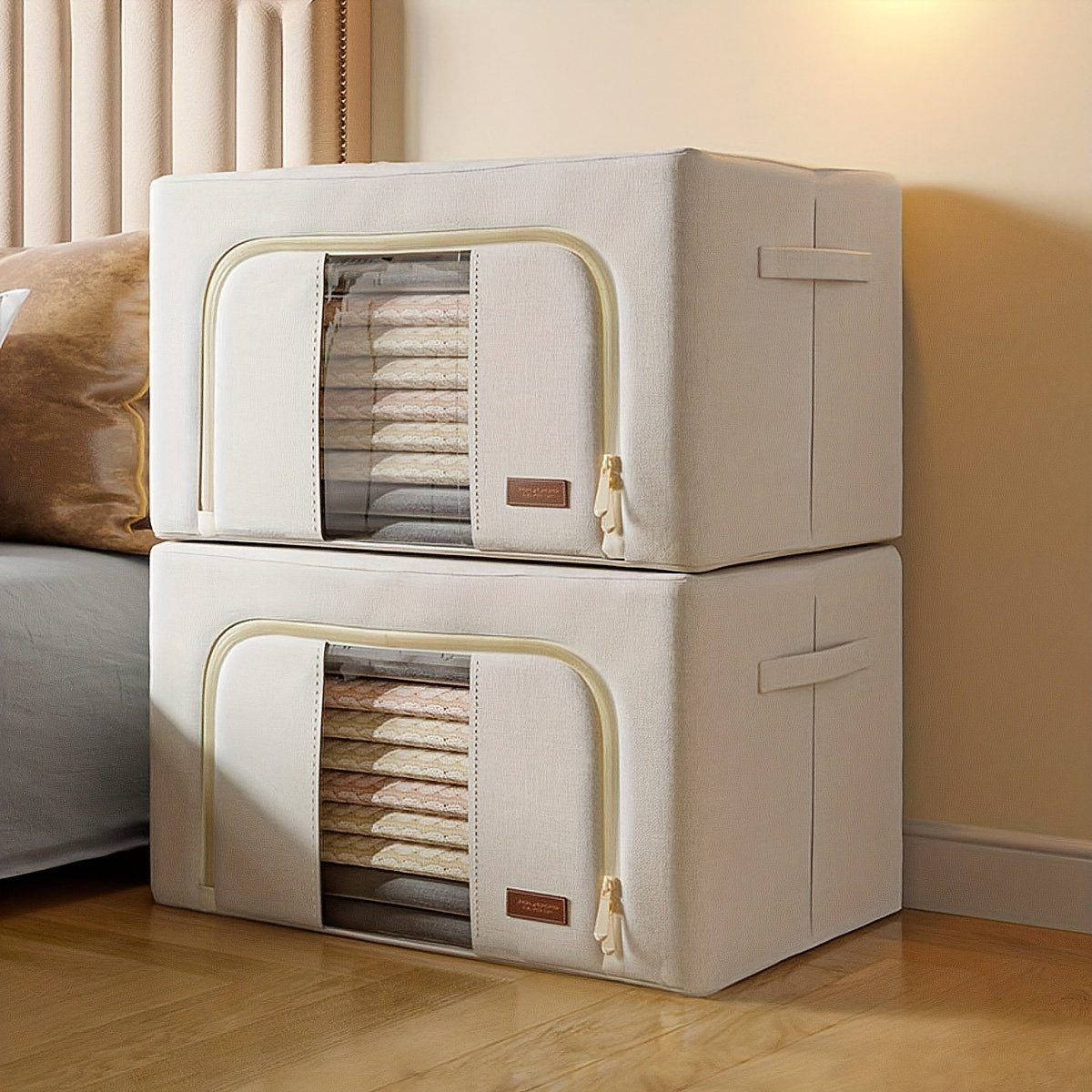 2-Pack Steel Frame Storage Bins with Clear Window, Foldable Stackable Fabric Organizers with Handles for Clothes, Linens & Under-Bed Storage