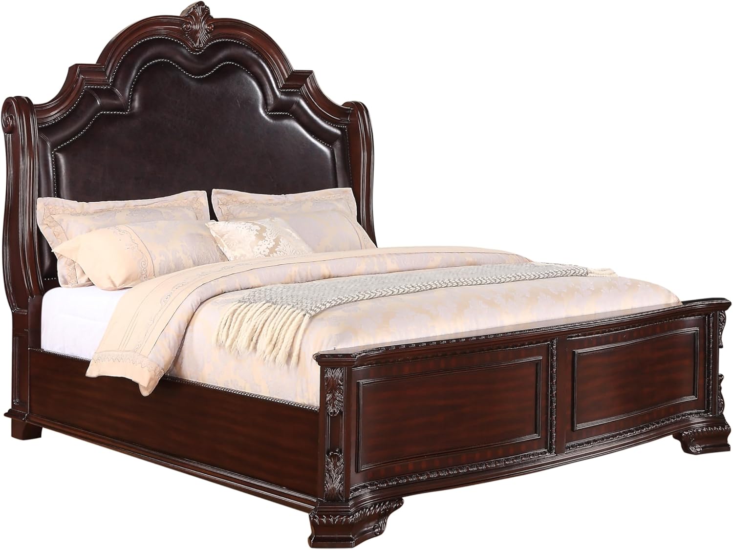 Traditional 5pc Set King Size Faux Leather Upholstery Panel Bed Cherry Finish Solid Wood Formal Classic Vintage Bedroom Furniture, Brown, HSB1100-K5pc