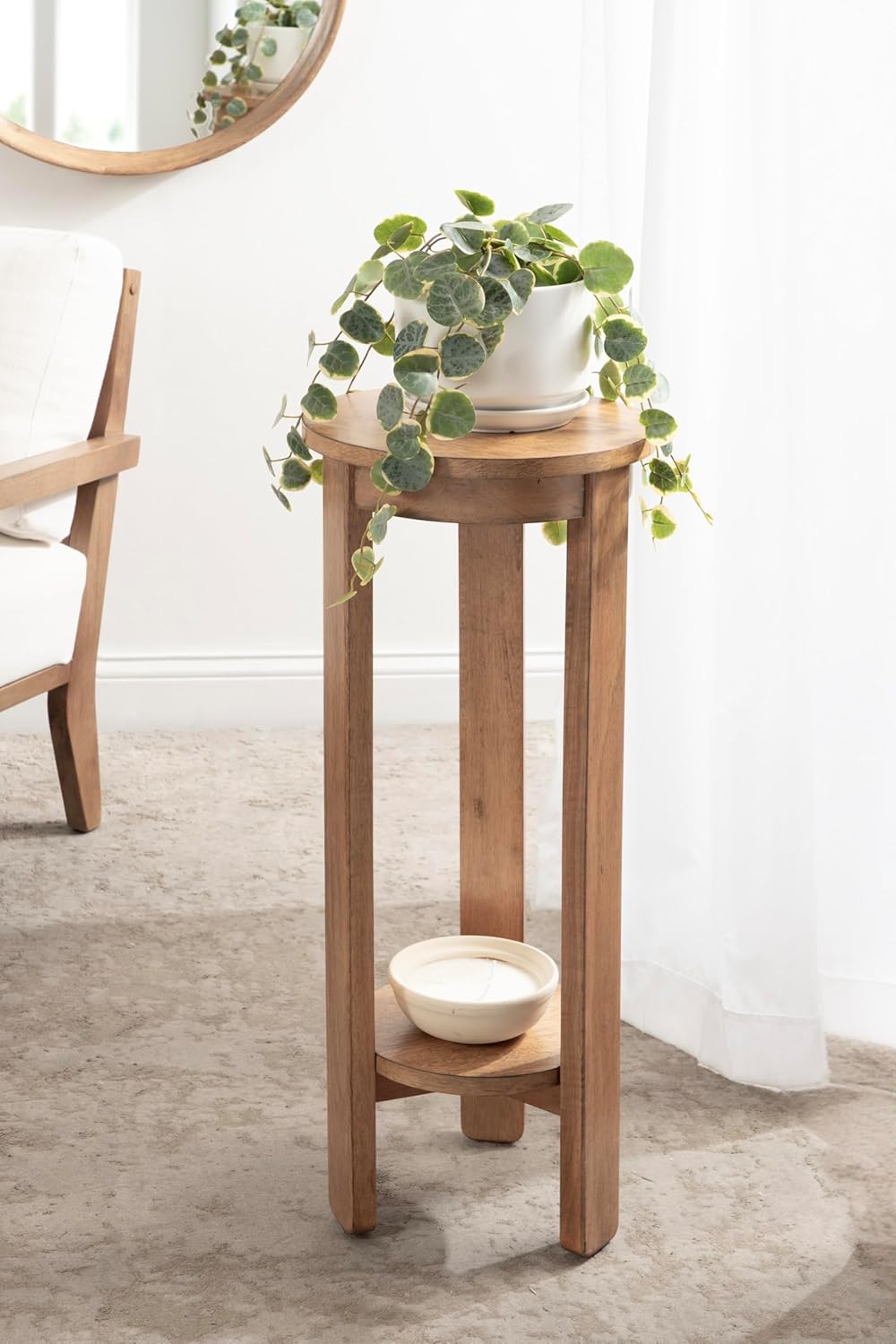Kate and Laurel Foxford Transitional Two-Tier Circle Plant Stand for Use as Living Room Pedestal Table or Small Bedroom Nightstand, 12x12x30, Natural