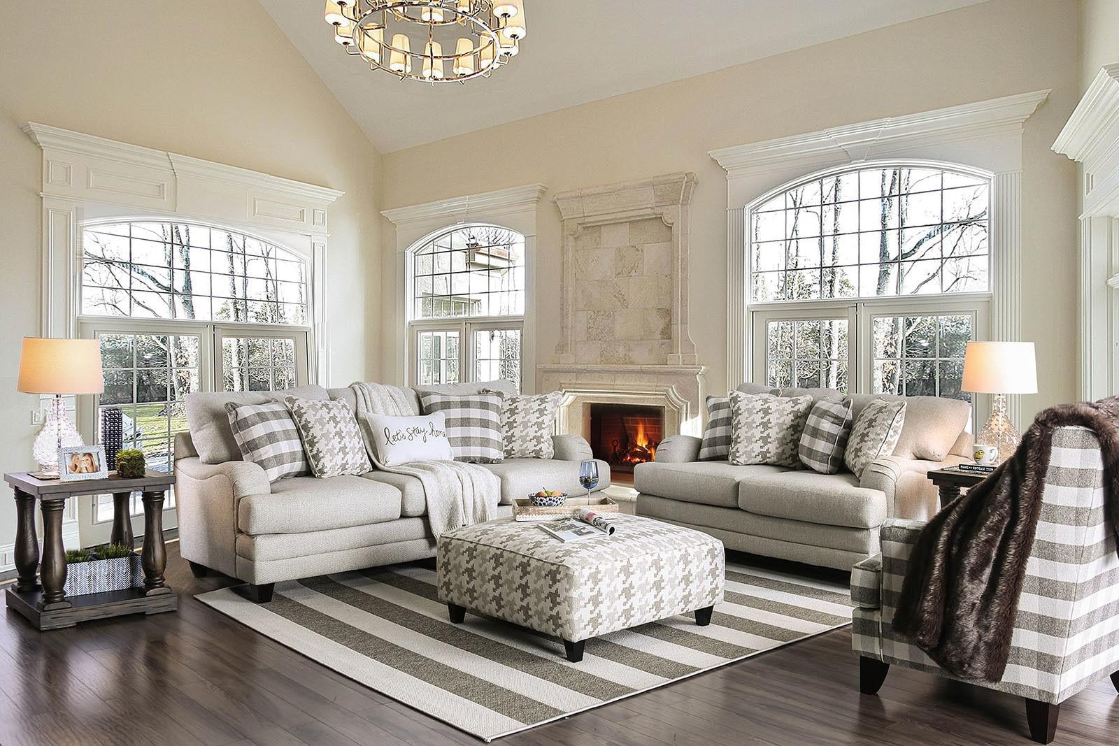 Transitional Light Gray Linen-like Fabric Living Room Set 3pcs FOA Christine