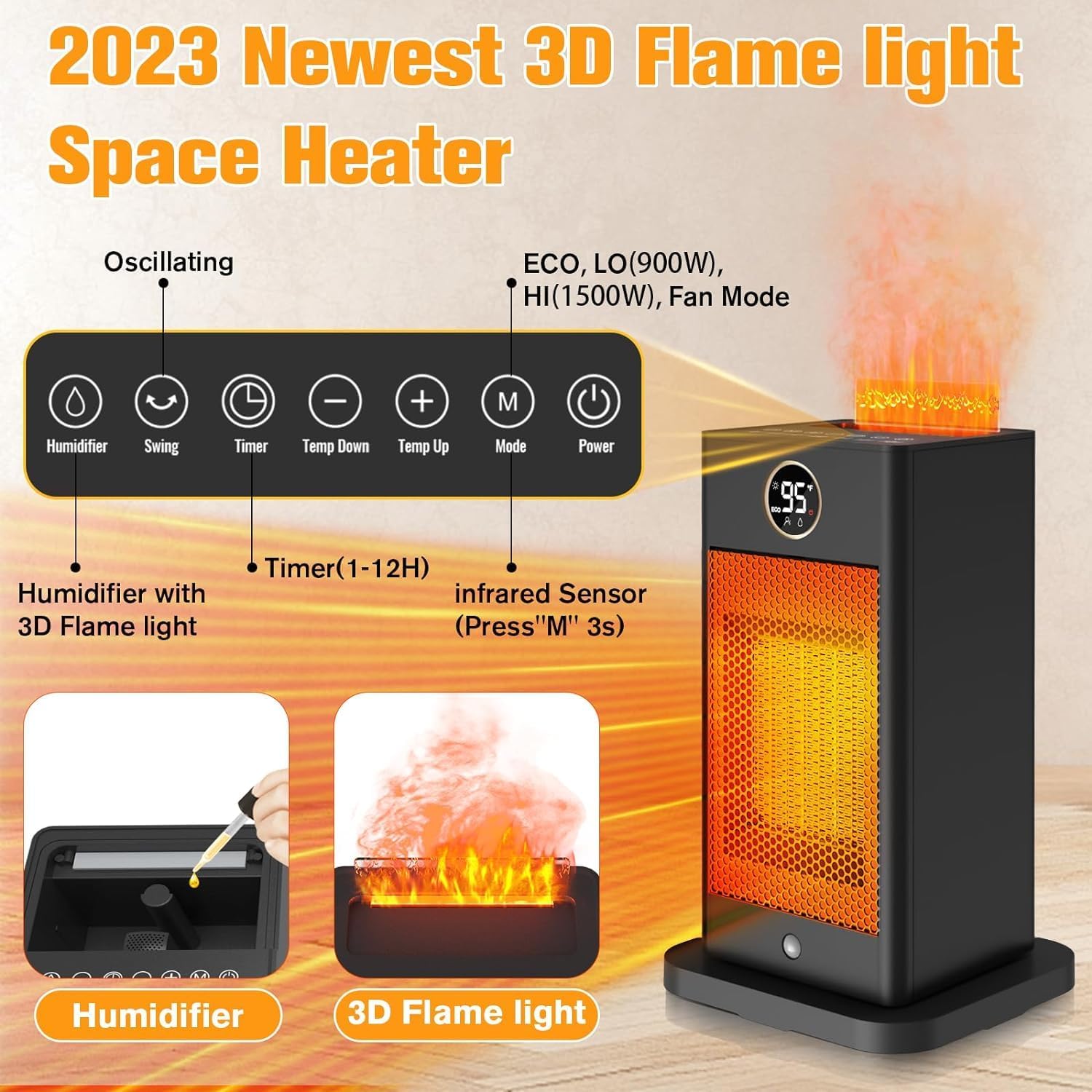 Space Heater,2023 Newest Upgraded Small Heaters for Indoor Use,PTC Portable Space Heater Office with Sensor,Humidifier,3D Flame Effect,Electric Ceramic Heaters with Oscillating for Room,Garage,Home