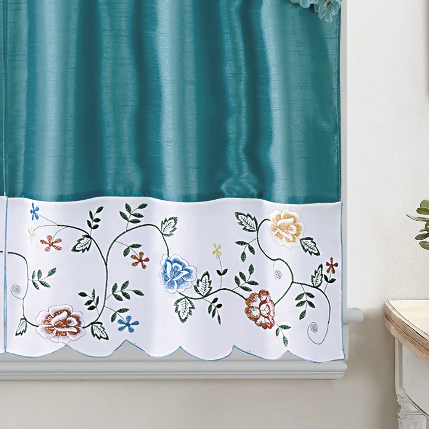 Flower Embroidered 3-Piece Kitchen Curtain Tiers & Swag Set, Turqoise color, 58x36 & 28x36 inches for daily life and holiday