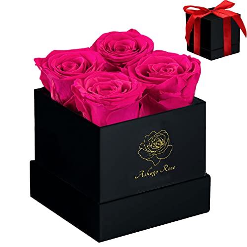 Preserved Roses in a Box, Romantic Eternal Rose Box, Real Roses That Last a Long Time, Flowers for Delivery, for Her, Mom Presents, Square Black Box, 4 Radiant Pink Roses