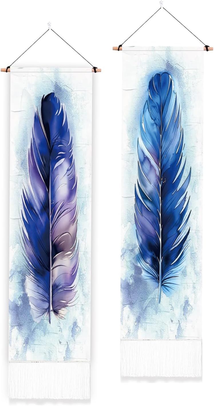 PLIGREAT 2 Pack Blue Feather Tapestry Vertical Wall Hanging with Tassels Aesthetic Wall Tapestry for Bedroom Bathroom Living Room Long Narrow Wall Hanging Home Art Decor Housewarming Gift