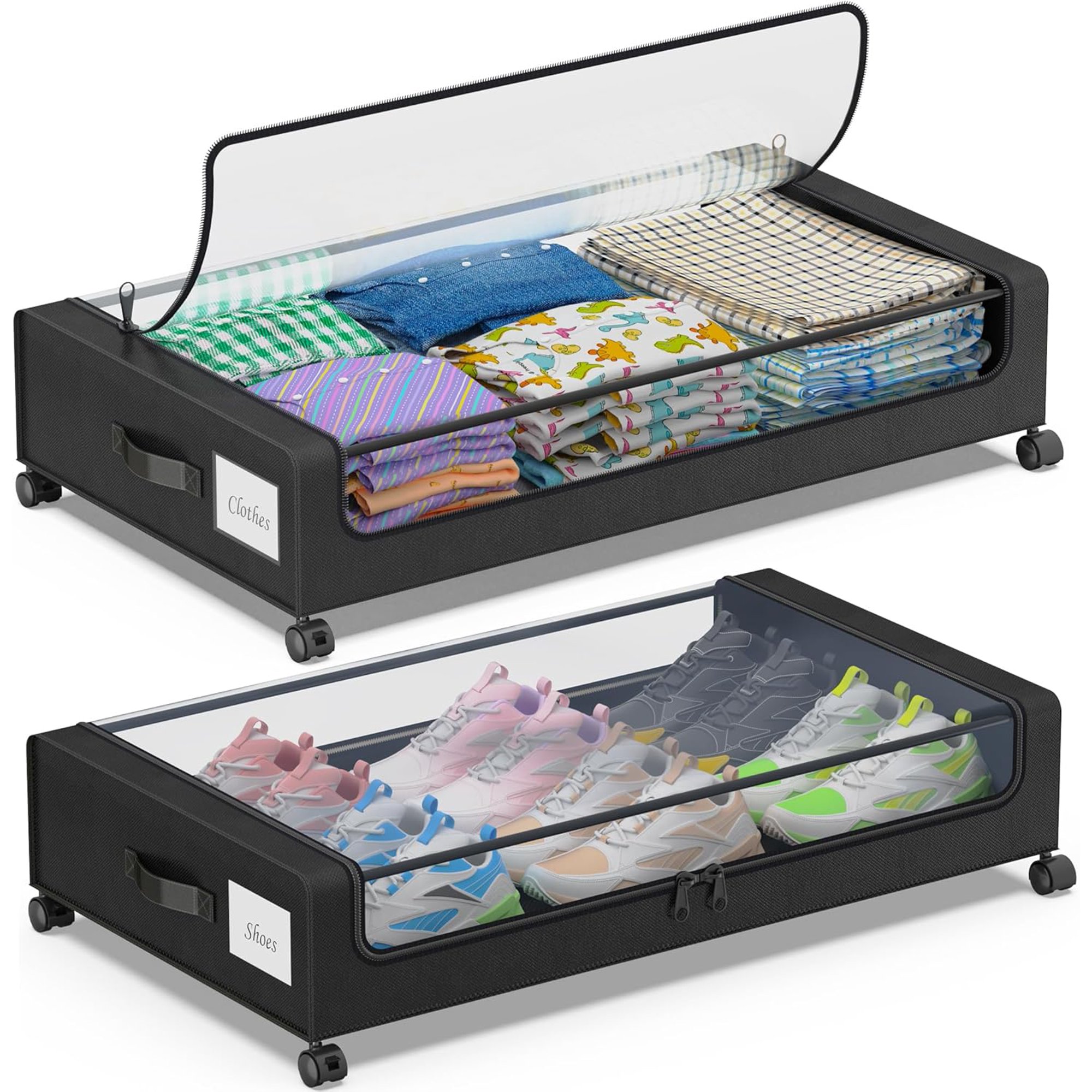 Under Bed Storage with Wheels, 2-Pack Under Bed Storage Containers with Clear Lids, XXL 60L Under the bed storage Organizer Bins, Rolling Under Bed Metal Drawer for Clothes,Shoes,Toys (Black, 2 Pack)