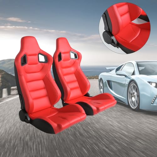 2PCS Racing Seats, Universal PVC Leather Bucket Seats Sport Pair Adjustable Seats with Sliders (Black & Beige/Tan Brown)