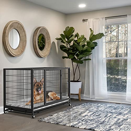 54/48/42/38 inch Heavy Duty Indestructible and Escape-Proof Dog Crate Cage Kennel for Large Dogs, High Anxiety Dog Crate with Removable Wire Trays and Wheels, Extra Large XL XXL