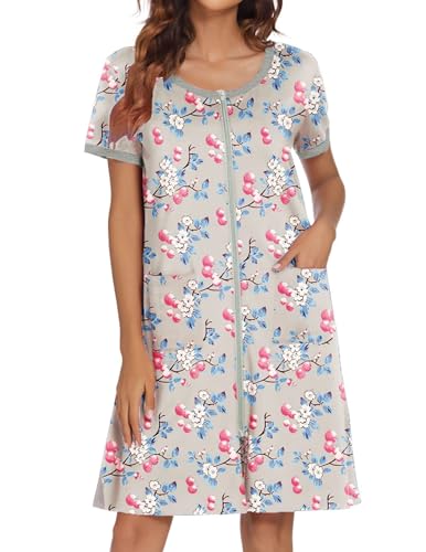 Ekouaer Women Zipper Front House Coat Short Sleeves Robe Zip Up Bathrobes Short Nightgown with Pockets S-3XL