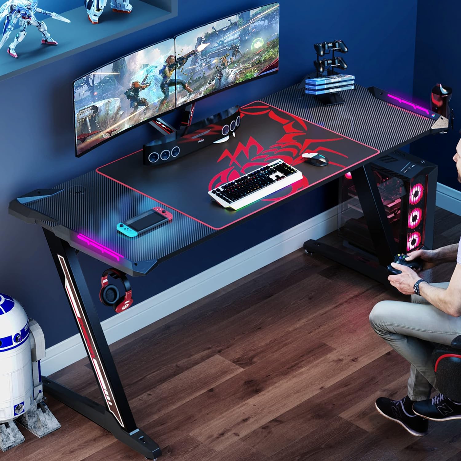 EUREKA ERGONOMIC Z60 Gaming Desk 60 inch Computer Desk Z Shaped Large PC Tables with RGB LED Lights Mouse Pad for E-Sport Racing Gamer Pro Home Office Gift