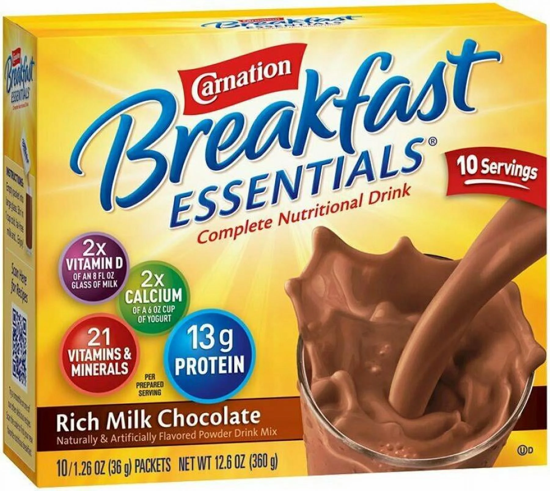 Carnation Breakfast Essentials Complete Nutritional Drink, Rich Milk Chocolate, 36 gram Individual Packet, 60 Count