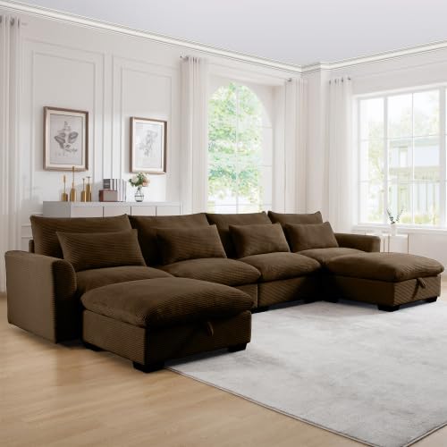 Corduroy Sectional Sofa Couch, Modular Fabric Sofa Bed with Storage, U-Shaped & L-Shaped for Living Room, High-Density Foam, Soft Waist Pillows, Multiple Colors, Brown