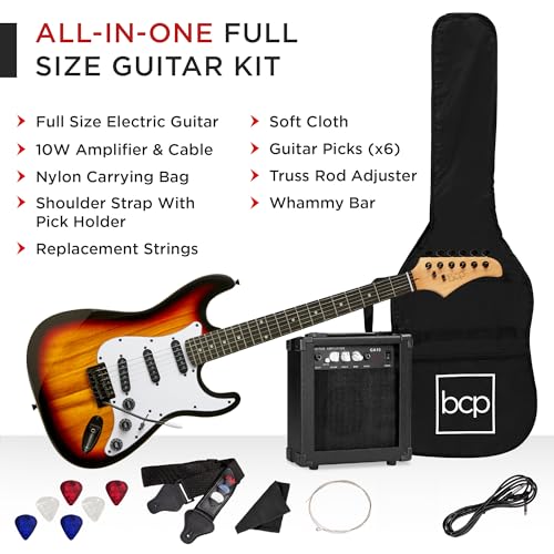 Best Choice Products 39in Full Size Beginner Electric Guitar Starter Kit w/Case, Strap, 10W Amp, Strings, Pick, Tremolo Bar - Natural