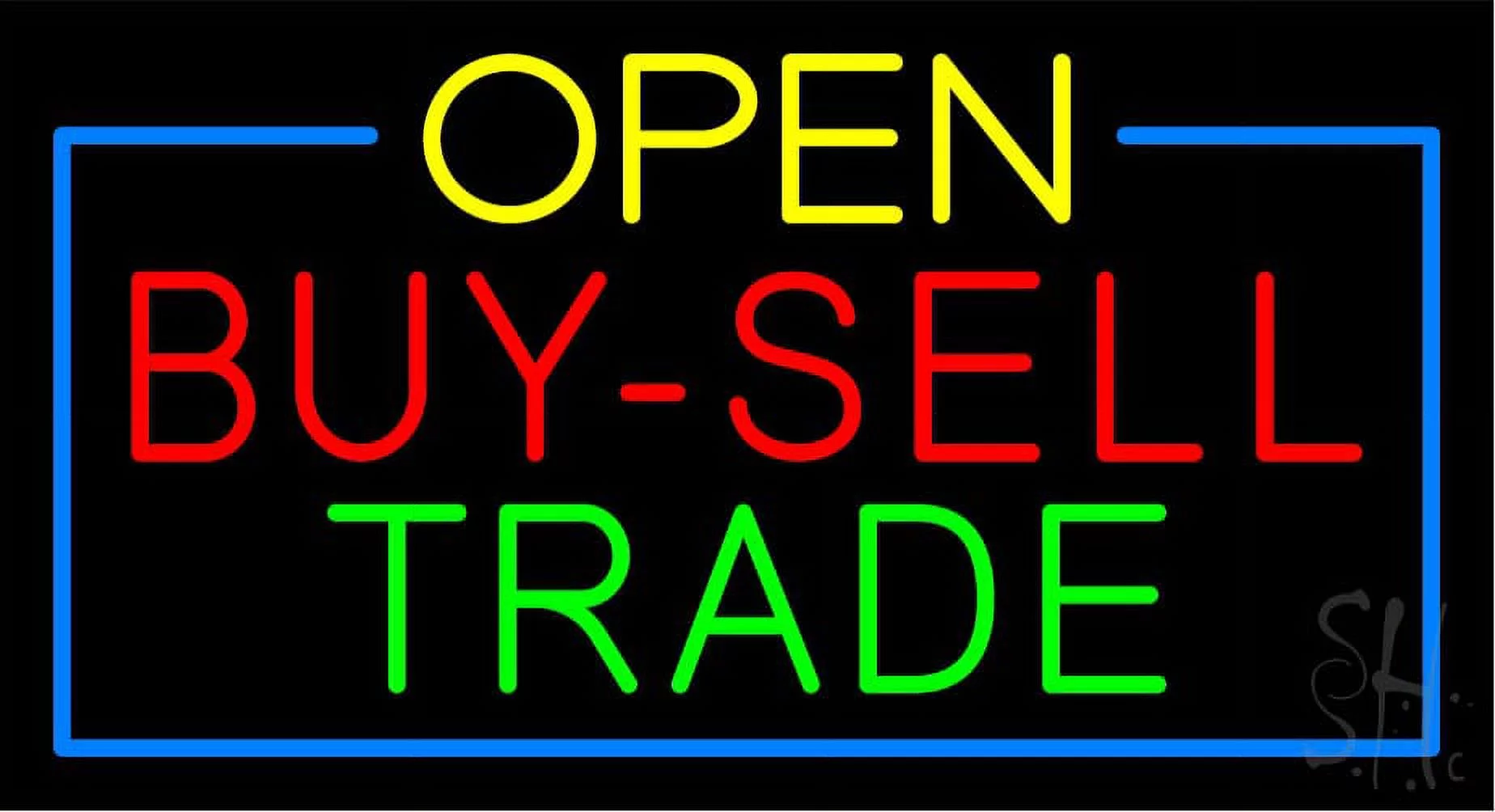 Yellow Open Buy Sell Trade Blue Border LED Neon Sign 13 x 24 - inches, Black Square Cut Acrylic Backing, with Dimmer - Bright and Premium built indoor LED Neon Sign for Pawn shop, and storefront.