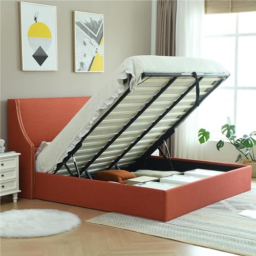 Queen Size Hydraulic Lift Bed, Upholstered Platform Storage Bed, Dual Wing Back Headboard with Gold Line Accents, Hydraulic Support Bars, No Box Spring Required, Easy Assembly (OCHER, King)