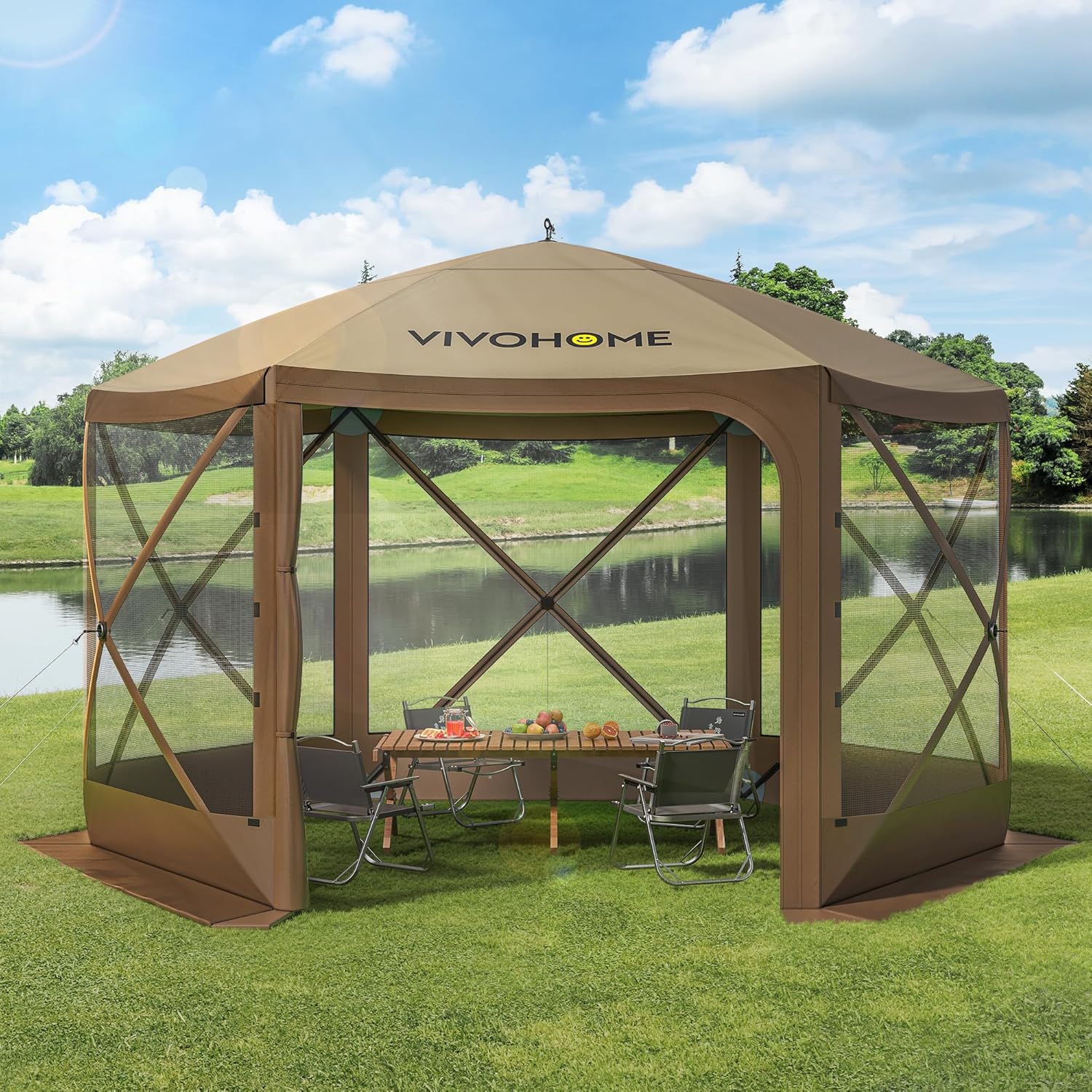 VIVOHOME 12x12ft Pop-Up Gazebo Screen Tent, 6-Sided Instant Outdoor Canopy Shelter with Large Main Door with VIVOHOME 10x10ft Easy Pop-Up Canopy, Outdoor Screen Tent with Mosquito Netting