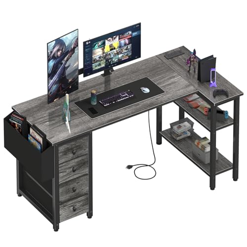 Lufeiya L Shaped Gaming Desk with Drawers & Storage Shelves, 47 Inch Reversible Corner Computer Desk with Power Outlet for Home Office Bedroom, L-Shaped Teen PC Desks with Fabric Drawer, Black