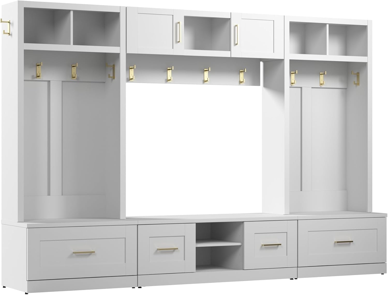 Bush Furniture Hampton Heights Full Entryway Storage Set with Coat Rack, Hall Trees, and Shoe Benches with Doors and Drawers in White | Foyer, Mudroom Organizer