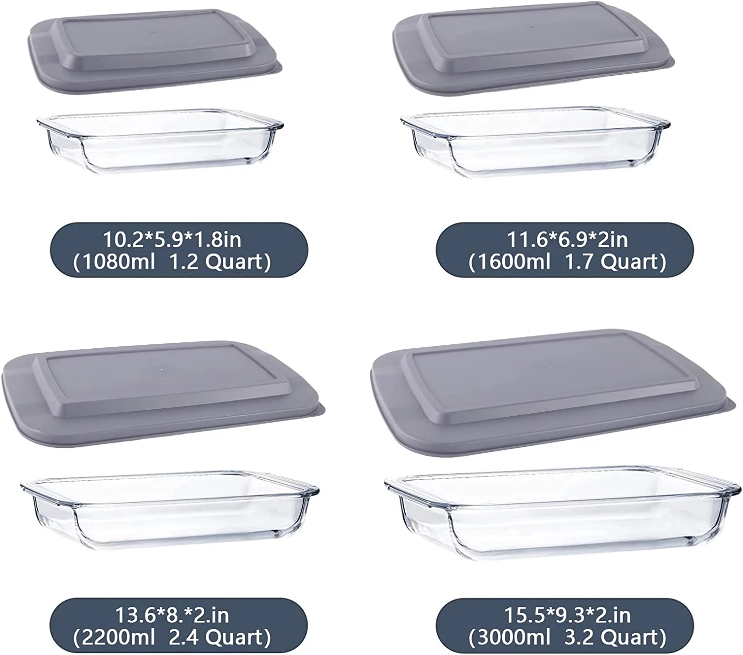 Luvan Glass Baking Dishes with Lids,8 Pieces Rectangular Glass Bakeware Set,Glass Pans for Baking, Freezer and Oven Safe