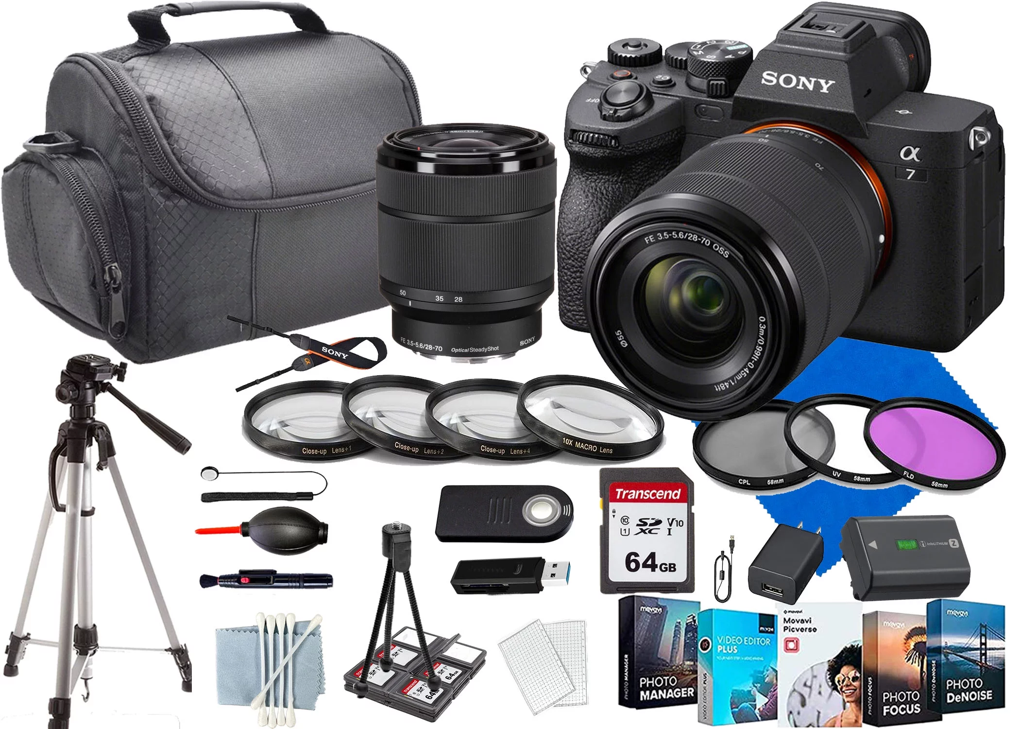 Sony a7IVMirrorless Camera withSony FE 28-70mm f/3.5-5.6 OSS + Case+64 GIG Memory Card+COMMANDER Deluxe Starter Kit+Tripod+Photo Software(28PC)Bundle