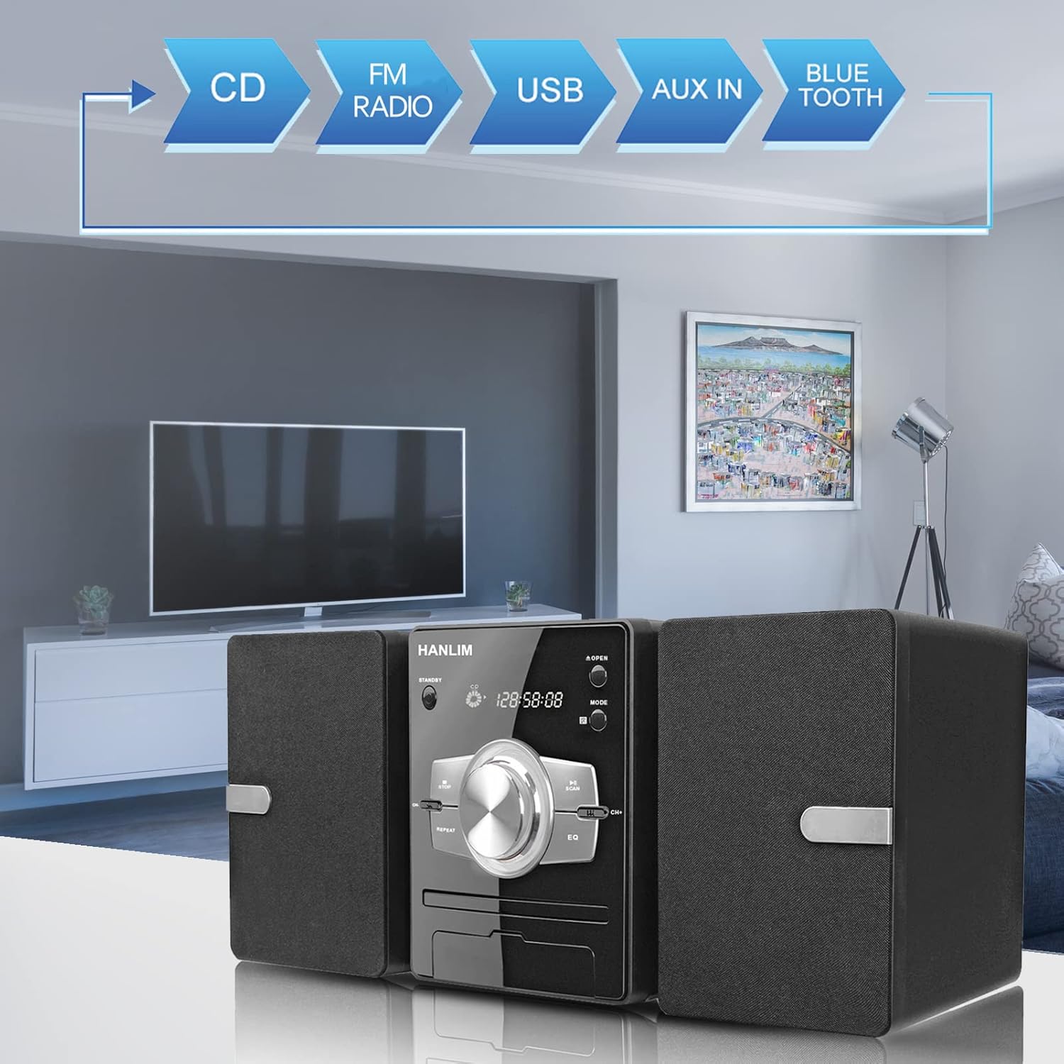 Stereo System CD Player System - Stereo Shelf System with FM Radio, Aux-in, USB, CD, Input Blue Tooth and Remote Control, Silk Tweeters, CD Player for Home, DSP Player