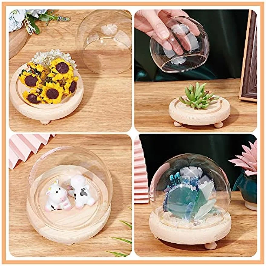 2 Sets Round Glass Display Dome Mini Glass Cloche Dome Clear Glass Display Dome Cover with Wood Base