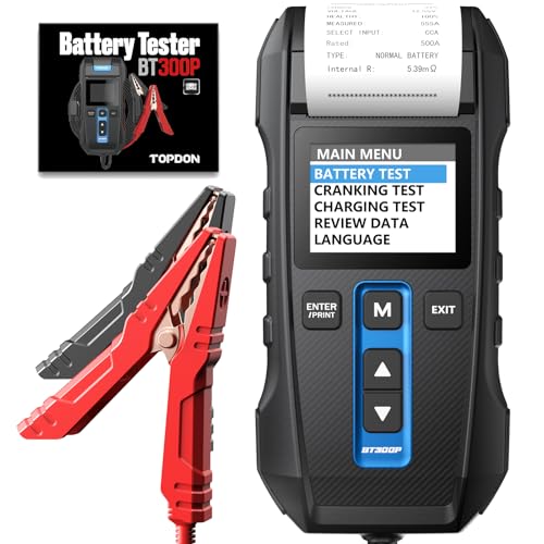 Car Battery Tester 12V 24V 100-2000CCA Lead-Acid Battery, TOPDON BT300P Alternator Tester, Load Tester, with Built-in Printer, Spark Free Metal Clamps, Automatic Reverse Polarity Protection