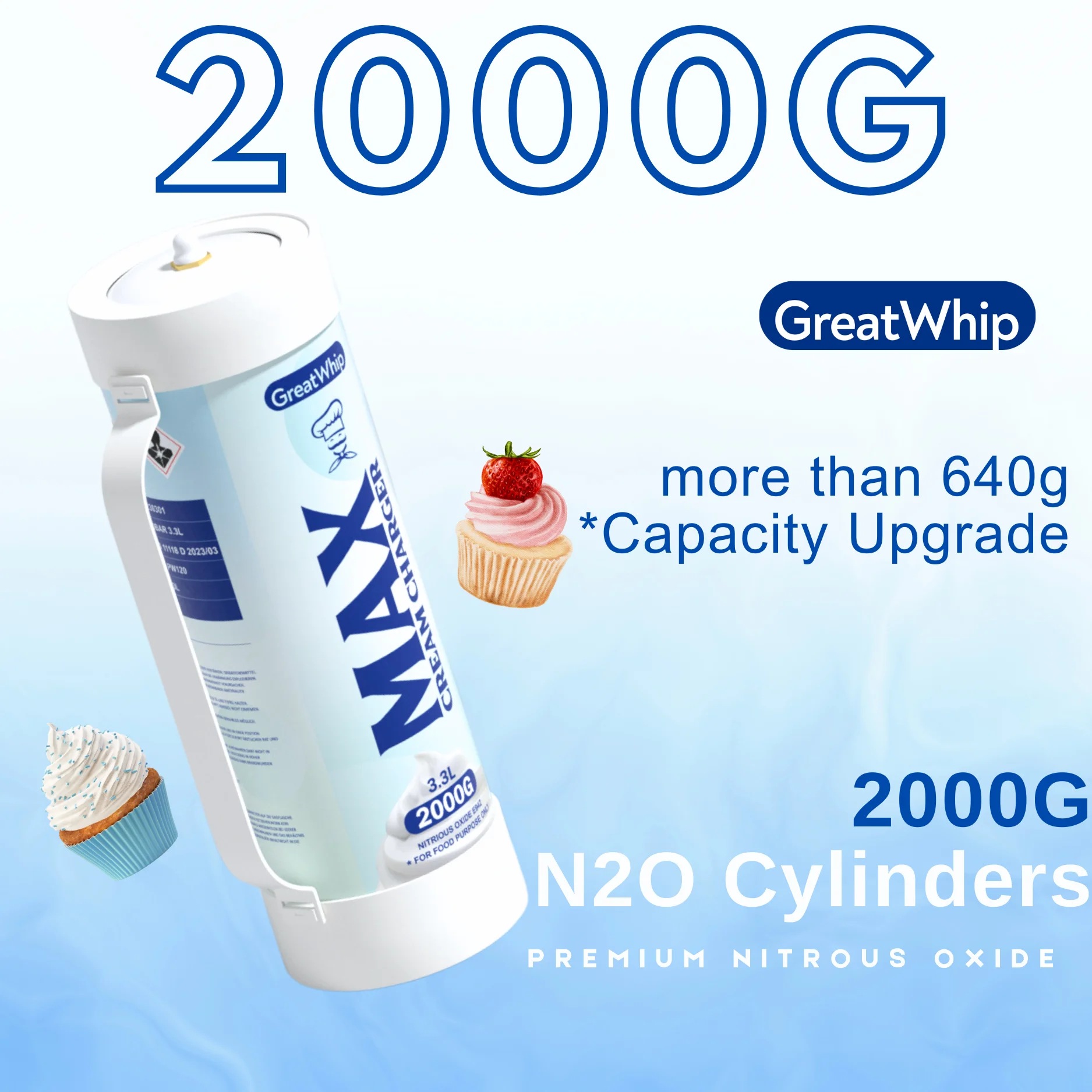 GreatWhip N2O Whipped Cream Chargers 3.3L/2000g Tank Whipped Cream Whippers(2 Cylinders)