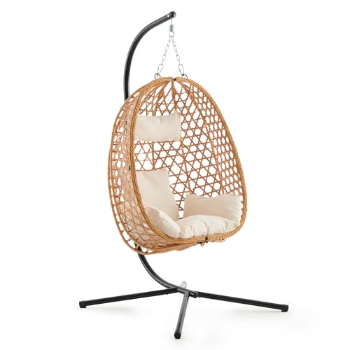 Outdoor Hanging Egg Chair, Patio Wicker Swing Chair with Stand and Cushion, Wider Basket Seating, Hammock Chairs for Outside Balcony Backyard Bedroom Porch, Brown