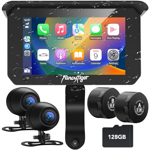 Portable Wireless Apple Motorcycle Carplay & Android Auto Screen, Motorcycle Dash Cam/Camera, Motorbike TPMS, 5