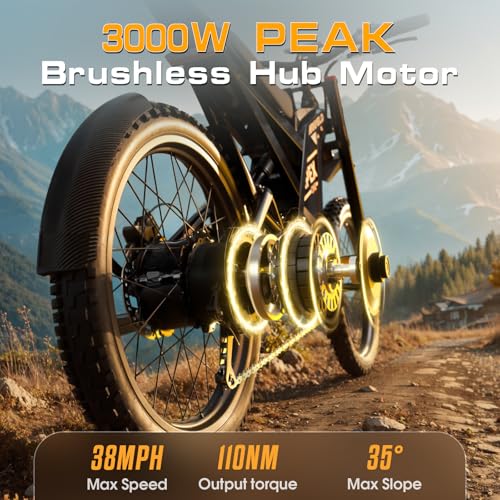 Electric-Dirt-Bike for Adults with Peak-3000W Brushless Motor and 48V 30AH Battery Max 40MPH and 80Miles, Adult Electric-Mountain-E-Bike Motorcycle with Fat Tire for Snow, Sand and Commuting