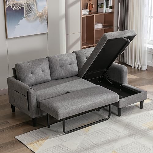 Modular Sectional Sofa with Storage Chaise, Pull Out Sleeper Sofa Bed with Chaise, Comfy L Shaped Convertible Sleeper Couch with Pocket Sectional 3 Seat Couch for Living Room Home Office