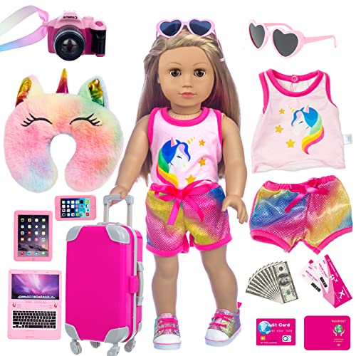 23 Pcs American 18 inch Doll Clothes and Accessories - Suitcase Luggage , Pillow, Sunglasses, Camera, Passport, Mobile Phone , Computer Doll Travel Gear Play Set (No Doll)