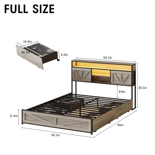 Queen Size Bed Frame with Charging Station, Queen Bed Frame with 4 Drawers LED Light, Farmhouse Platform Bed with Headboard Storage 3 Layer Shelves, Wash Grey
