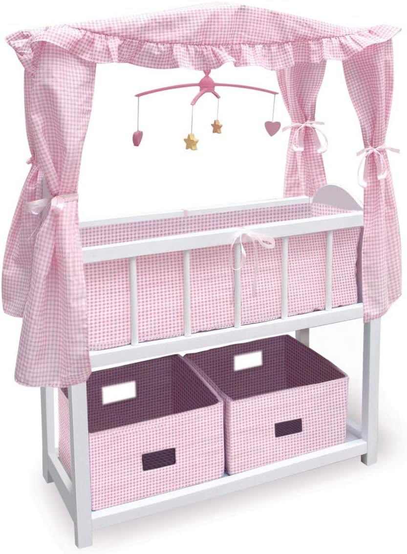 Badger Basket Toy Doll Bed with Storage Baskets, Gingham Bedding, and Musical Mobile for 22 inch Dolls - White/Pink