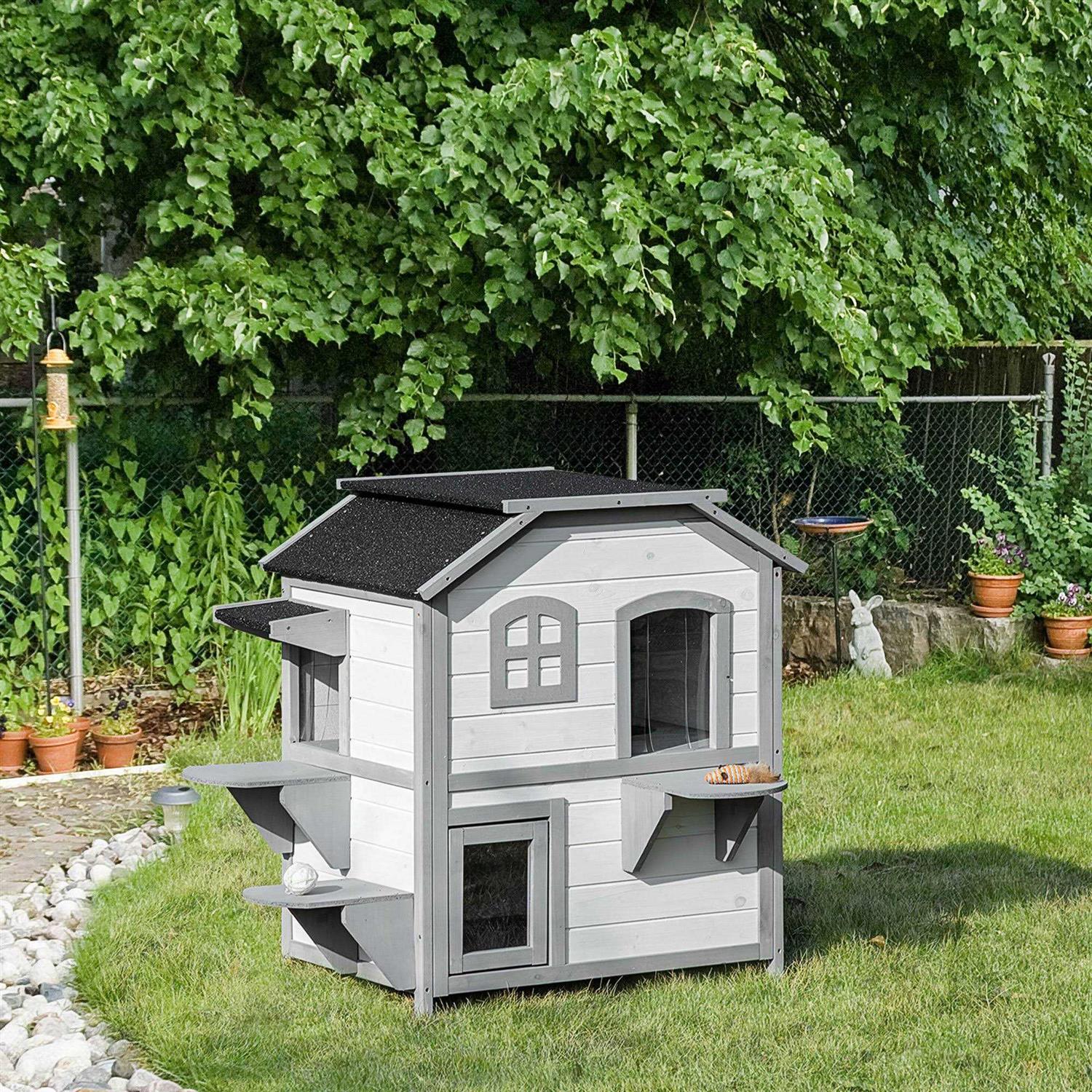 PawHut Wooden 2-Story Outdoor Cat House with Escape Door, Cat Openable Roof Platforms - Pet Supplies online store