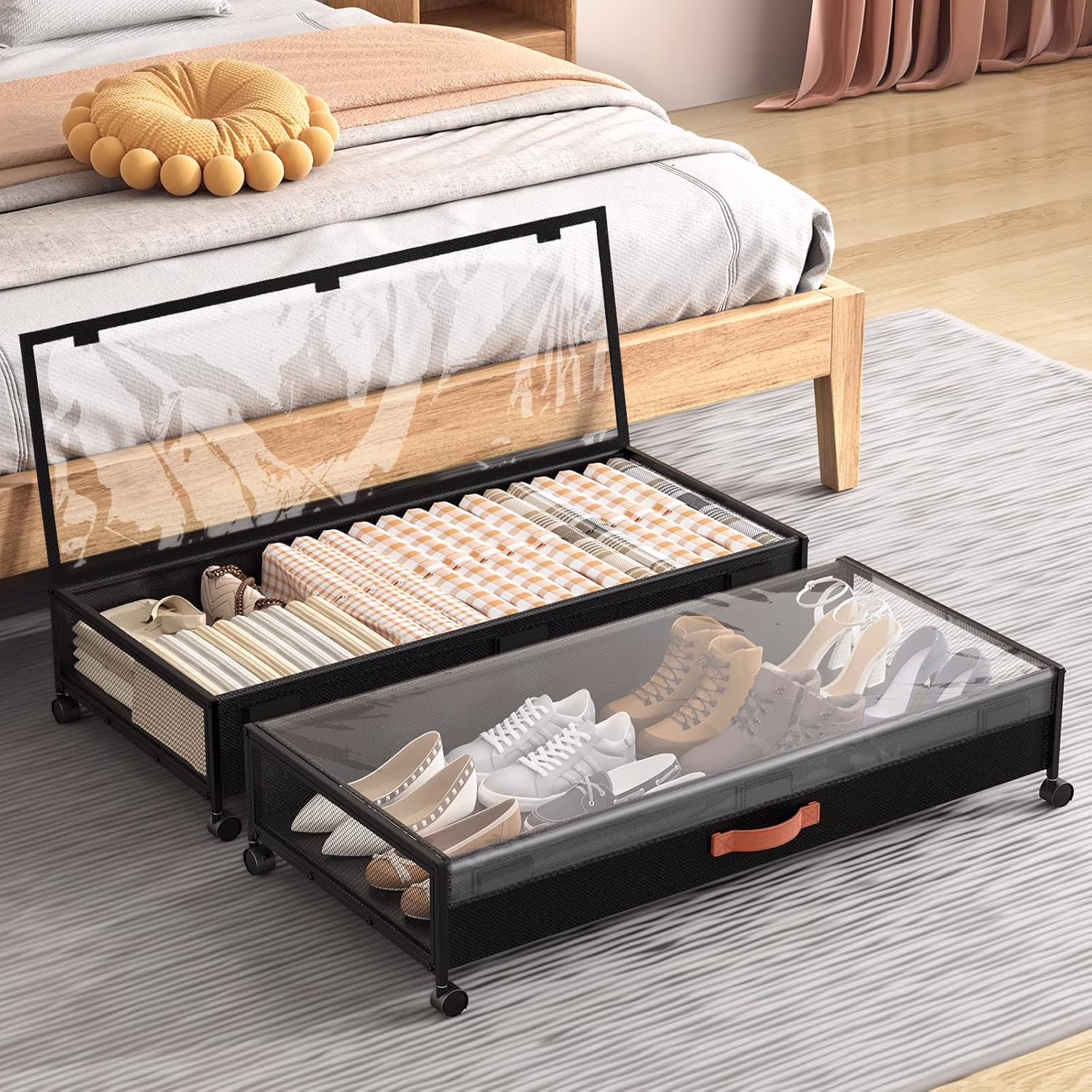 Under Bed Storage Containers With Wheels 54L Large Underbed Shoes Blankets Clothes Toy Storage Drawers For College Dorms Bedrooms Nursery Rooms Organization… (Black 2 Pack, XXL(36x16.6x7.28))