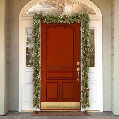 National Tree Company 9 ft Pre-Lit Crestwood Spruce Artificial Christmas Garland, Christmas Decoration with Glitter, Pinecones, Red Berries, 50 Warm White LED Lights, 180 Tips, Timer, Green