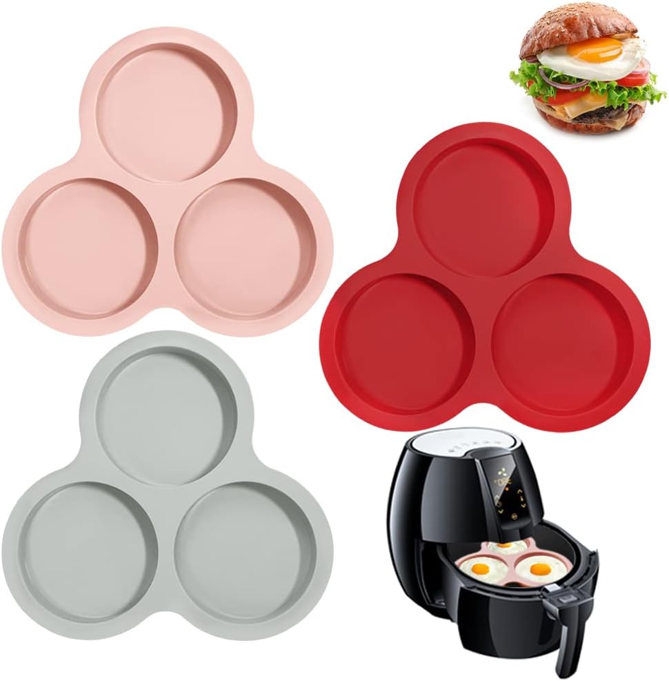3 Pcs Silicone Air Fryer Egg Mold, AIFUDA Nonstick Air Fryer Baking Pan Air Fryer Accessories with 3 Cavity for Air Fryers Above 6QT(Three colors)