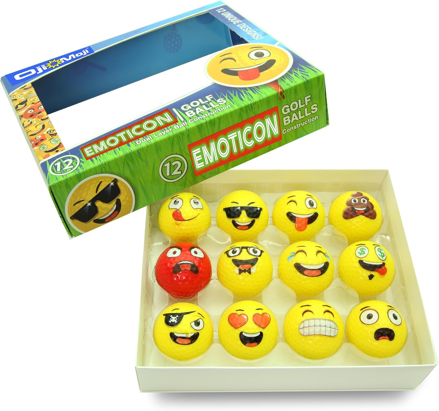 Oji-Emoji Premium Emoji Golf Balls, Unique Professional Practice Golf Balls, 12-Pack Emoji Golfer Novelty Golf Gift for All Golfers, Fun Golf Gifts for Men, Dads, Women, Kids, golf accessories